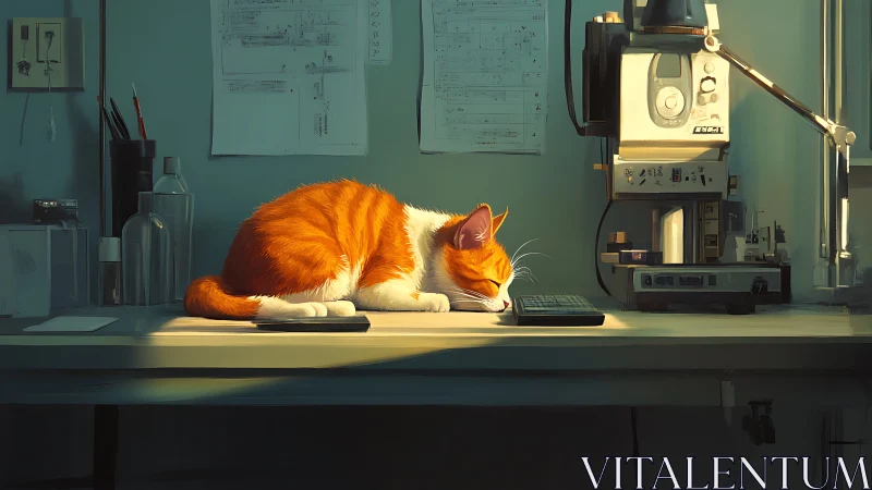 Orange and White Cat Working at Laboratory Desk