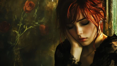 Red-haired woman in profile against floral textured backdrop.