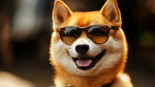 Shiba Inu dog wearing sunglasses in outdoor sunlight.