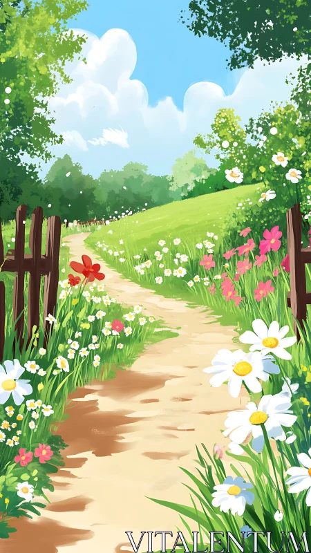 Sunlit floral pathway under cumulus-rich spring skyscape.