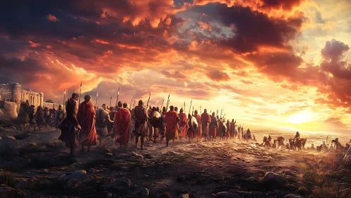 Legion in emberlight marching toward the blazing horizon.