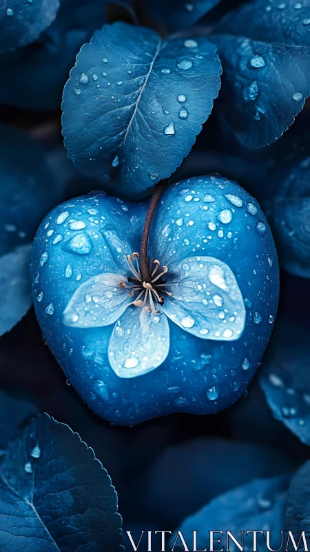 Blue heart-shaped fruit holds luminous blossom under dew