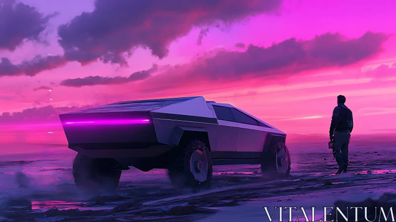 Futuristic truck and lone traveler under neon pink sunset.