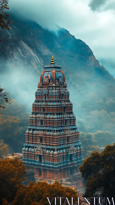 Temple spire rises like carved flame through emerald mist.