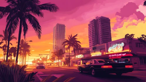 Neon dusk boulevard with retro car under magenta skies.