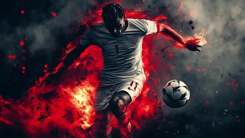 Dynamic soccer player kicking ball in fiery red smoke.