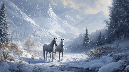 White horses in cinematic snowy alpine valley landscape.