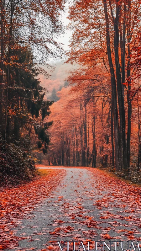 Autumn forest path draped in fiery foliage and mist.