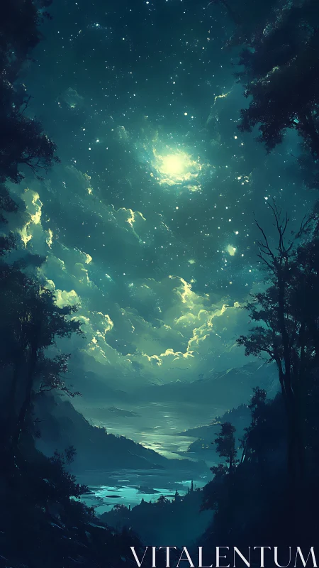 Night sky over forested valley with luminous cloud core.