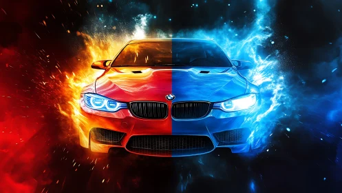 Split fire and ice sports car with dramatic energy burst.