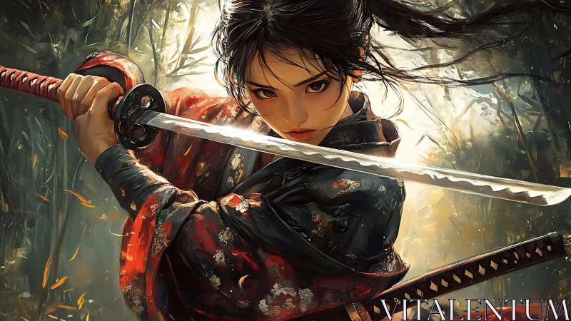 Fierce samurai heroine poised with gleaming katana blade.