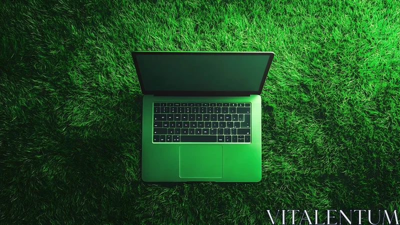 Open laptop computer on evenly lit green grass surface.