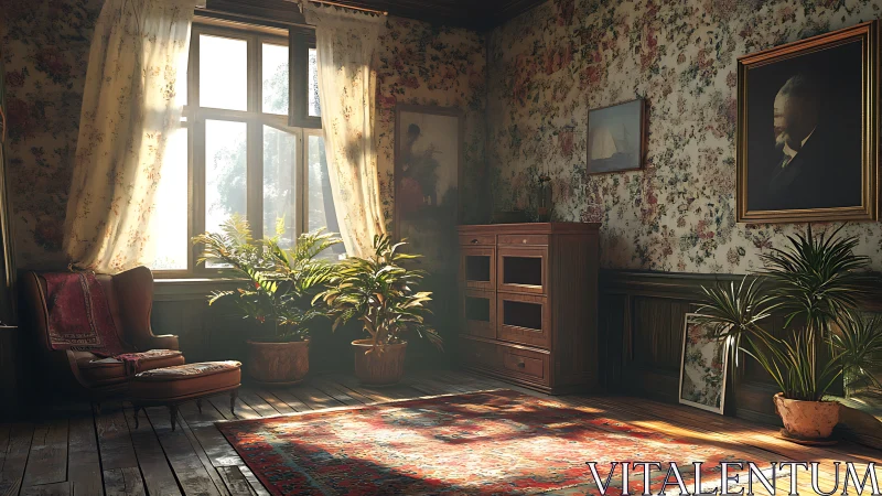 Sunlit vintage sitting room glows with nostalgic warmth