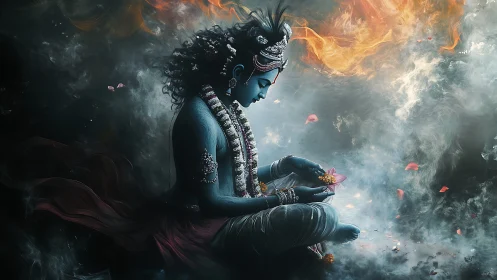 Blue-skinned seated figure with lotus amid swirling smoke.