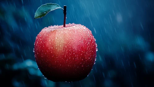 Red apple with water droplets suspended against dark rain