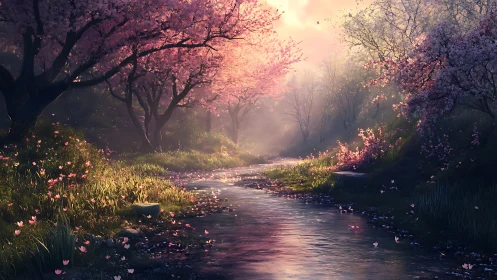 Sunlit spring river winding through gentle cherry blossoms.