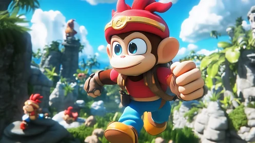 Brave cartoon monkey hero dashes through a sunlit jungle