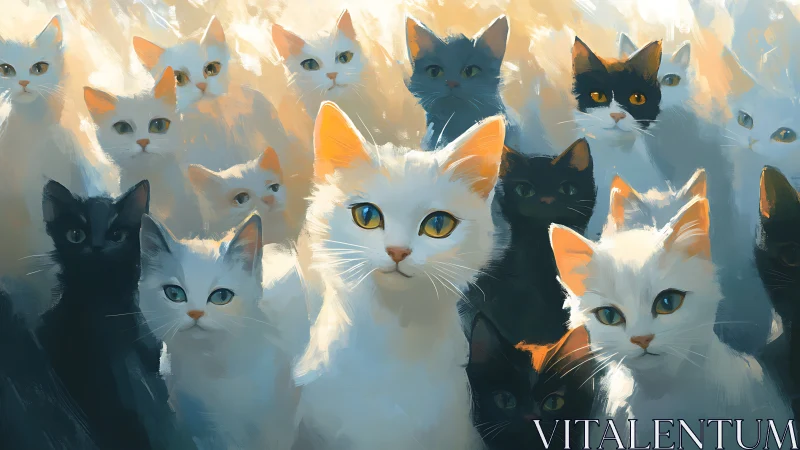 Gathered Cats in Warm Backlighting: Multiple Feline Subjects