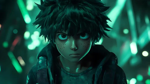 Brooding neon-haired hero in emerald stormlight focus.