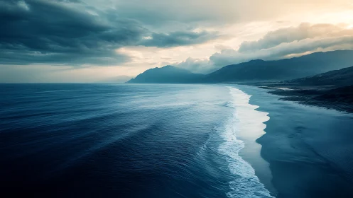 Coastal shoreline under storm clouds with directional sunset lighting
