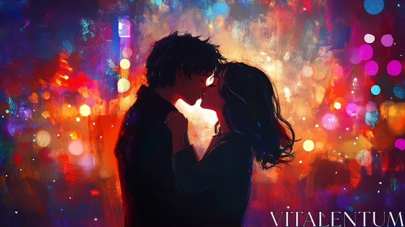Two Silhouettes Kiss Within Radiant Neon Dreamscape.