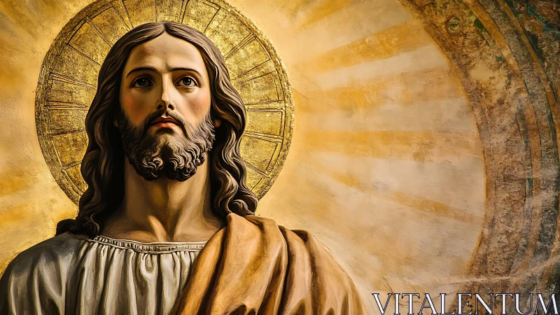 Radiant sacred portrait of Christ bathed in golden light