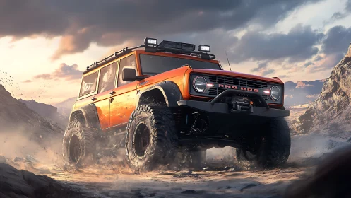 Off-road orange SUV powers through cinematic desert trail.
