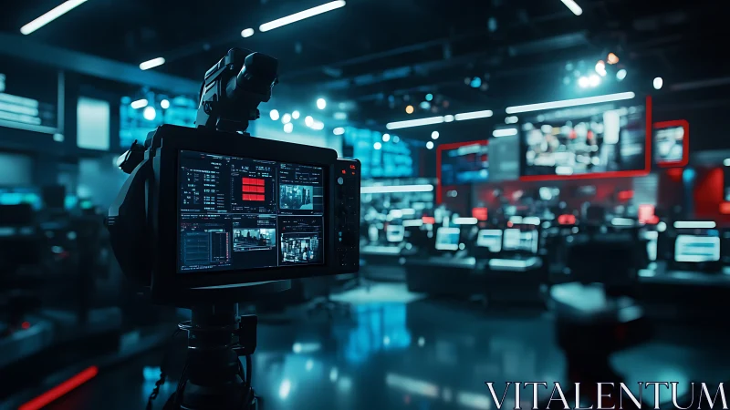 Broadcast camera overlooks glowing high-tech newsroom floor.