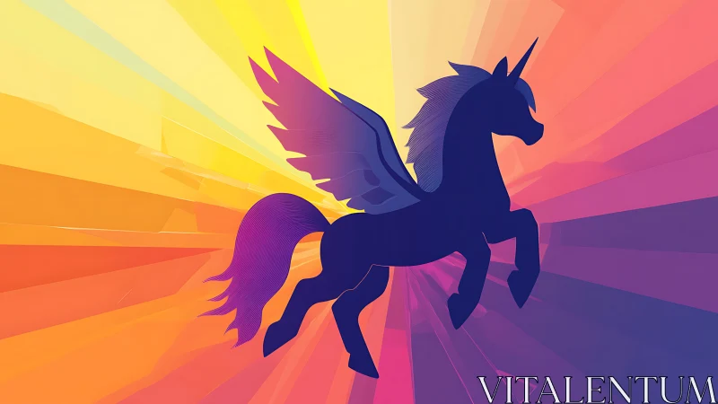 Winged unicorn silhouette leaps through radiant neon sky.