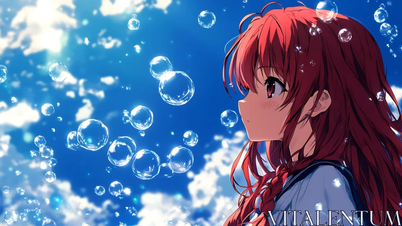 Daydreaming girl adrift in sky-bright bubbles and sunlight.