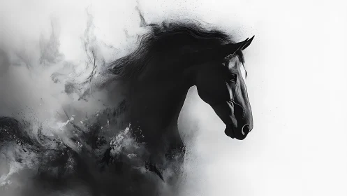 Monochrome equine profile within abstract smoke forms.
