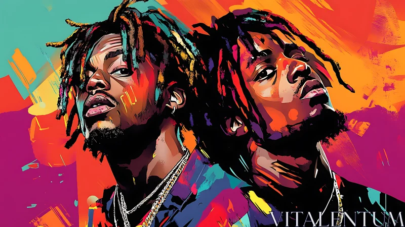 Two stylized male portraits rendered in bold neon colors