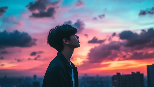 Side profile silhouette of person against gradient sunset sky