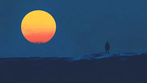 Solitary figure studies oversized sun over twilight ridge