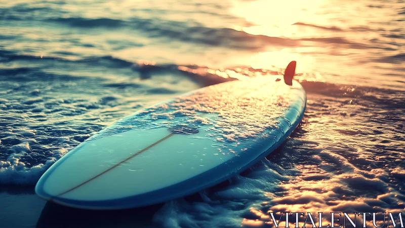 Surfboard resting in shallow coastal water at sunset.