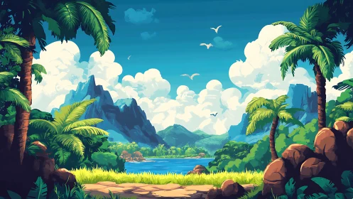 Tropical Landscape with Elevated Perspective and Volumetric Cloud Rendering