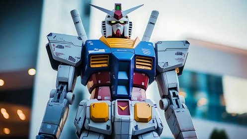 Giant mecha statue stands against soft urban bokeh backdrop