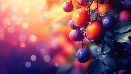 Clustered ripe fruits hang on branches against defocused light