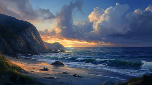 Gentle sunset surf rolling beneath storybook cliffs.