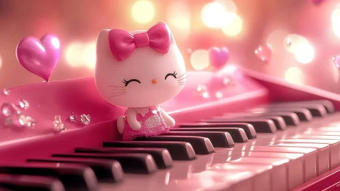 Pink kitten figurine on piano keys in dreamy bokeh light.