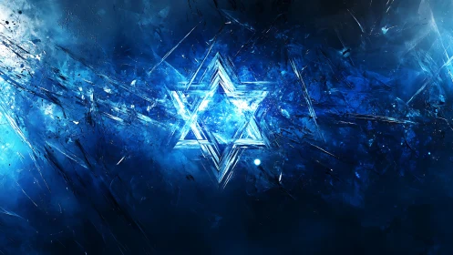 Crystal Star of David ignites fractured cosmic blue field.