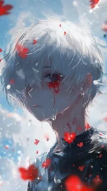 White-haired youth with ocular bleeding amid drifting red petals