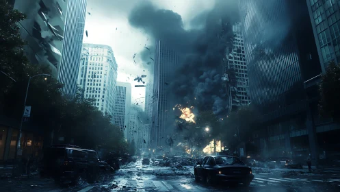 Urban street corridor shows structural failure and fire spread