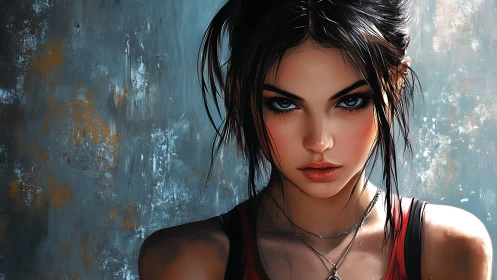 Intense digital portrait studies fierce woman against textured wall