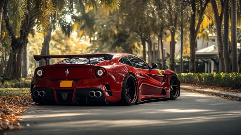Low red supercar with wide body parked on palm-lined road.