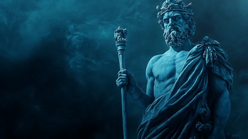 Mythic godlike statue holding staff in blue misty light.
