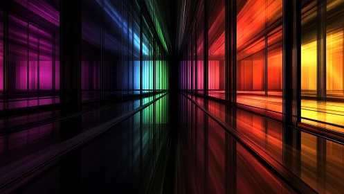 Vibrant geometric corridor with neon rainbow lights and reflections.