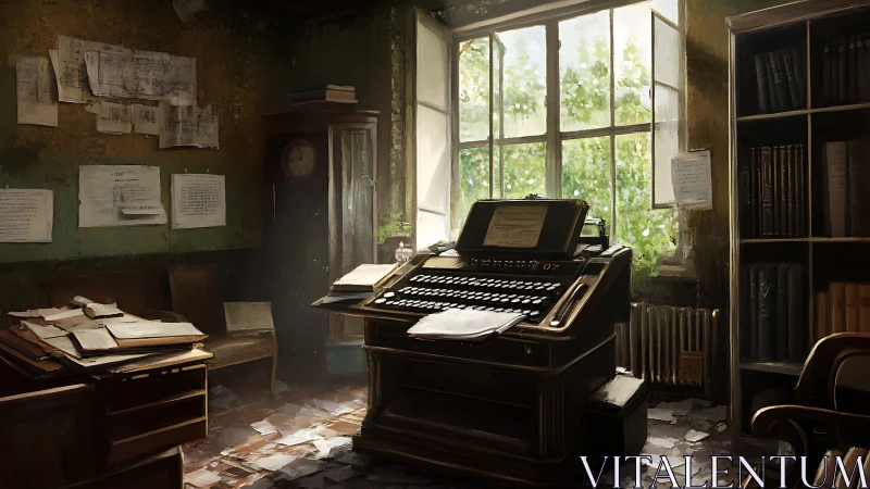 Sunlit vintage typing office captures layered narrative decay