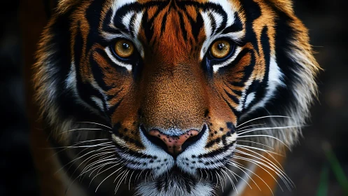 Intense tiger portrait with razor-sharp eyes and whiskers.