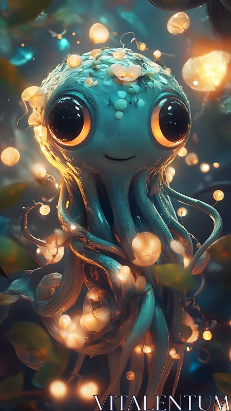Glowing-eyed forest creature smiles amid floating lights.